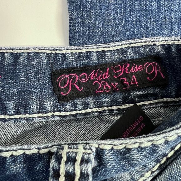 R&R Cowgirl 29"x24" Tall Bootcut Flare Low Mid Rise dark blue distressed - Picture 7 of 11